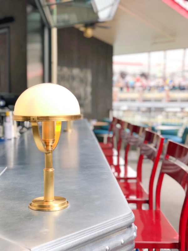 Modern Brass Table Lamp with Red Bar Stools