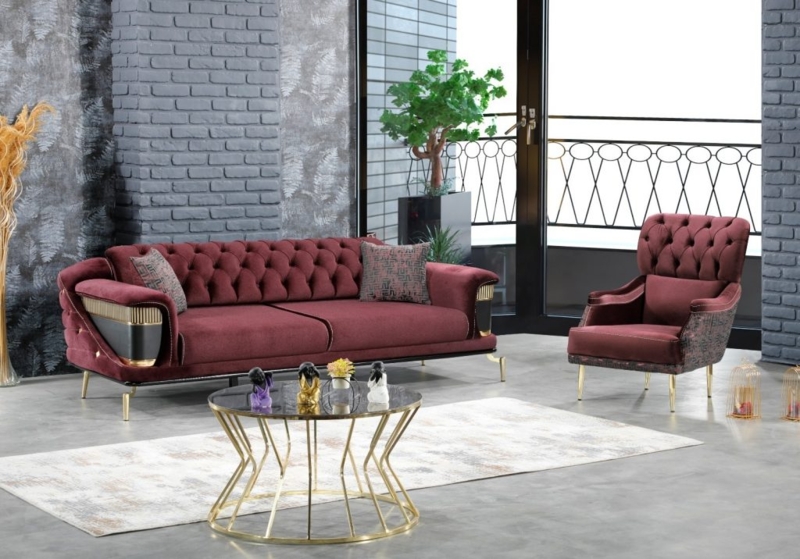 Modern Burgundy Sofa and Armchair with Gold Accents