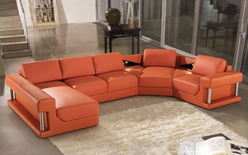 Modern Burnt Orange Leather Sectional Sofa Design