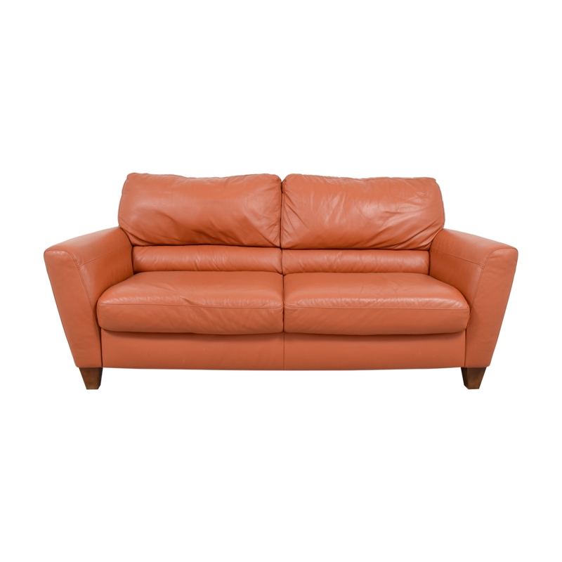 Modern Burnt Orange Leather Sofa with Wooden Legs