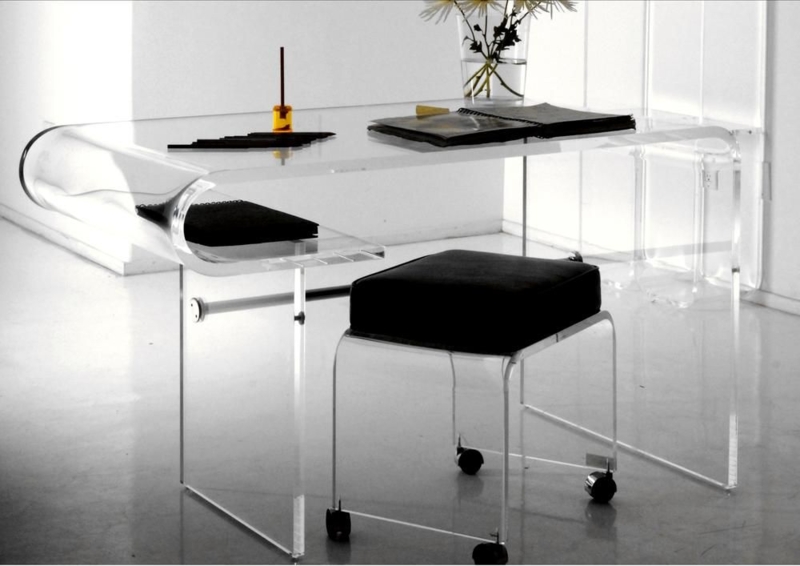 Modern Clear Acrylic Curve Desk with Rolling Stool