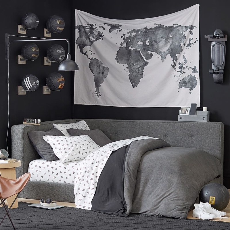 Modern Cushy Upholstered Corner Bed with Sports Decor