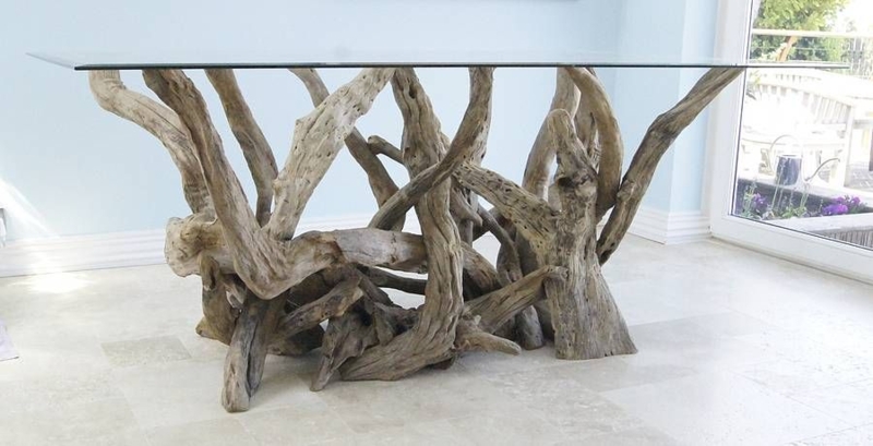 Modern Driftwood Dining Table with Glass Top