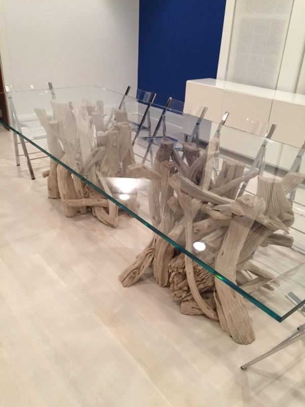 Modern Driftwood Dining Table with Glass Top