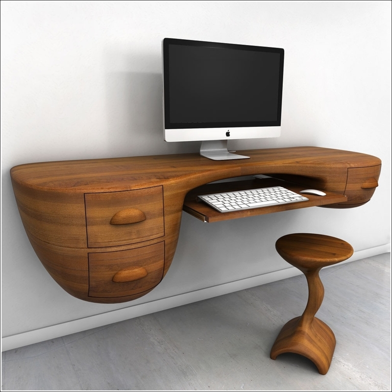 Modern Floating Wooden Desk with Curved Design
