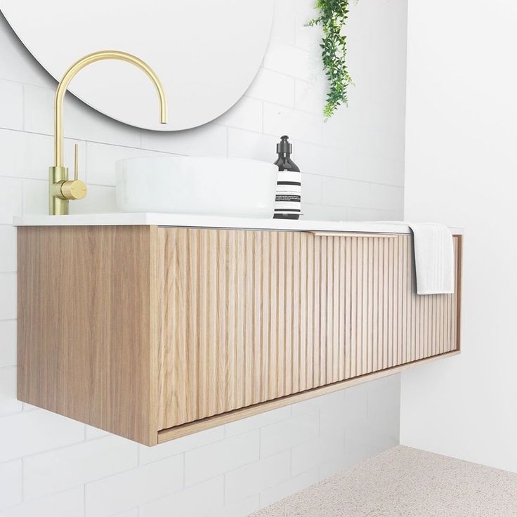 Modern Floating Wooden Vanity with Gold Faucet