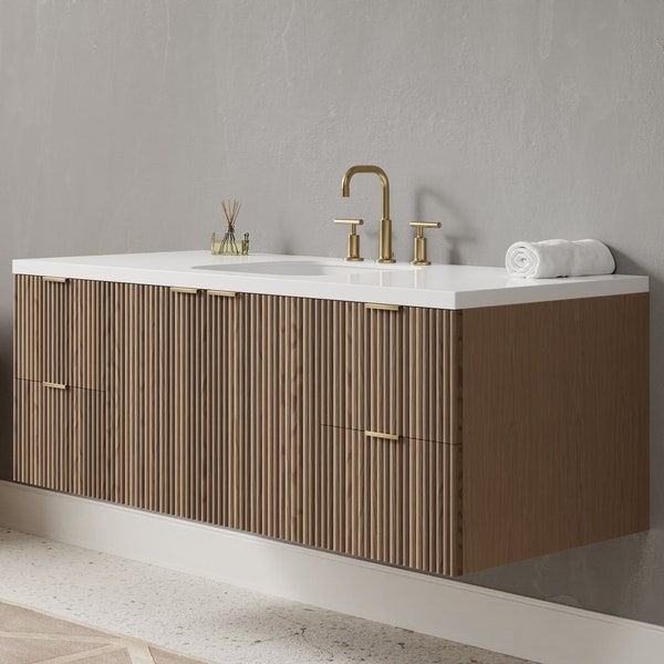 Modern Fluted Floating Vanity with Brass Fixtures