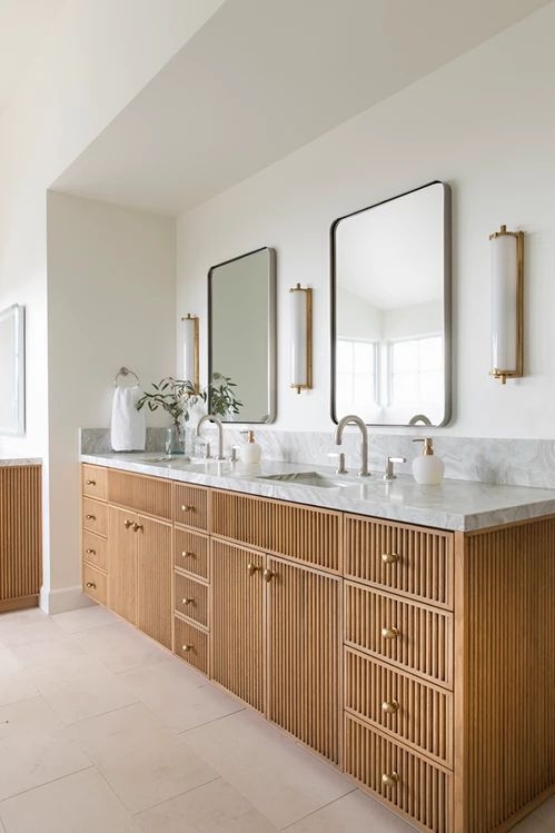 Modern Fluted Wood Bathroom Vanity with Marble Top