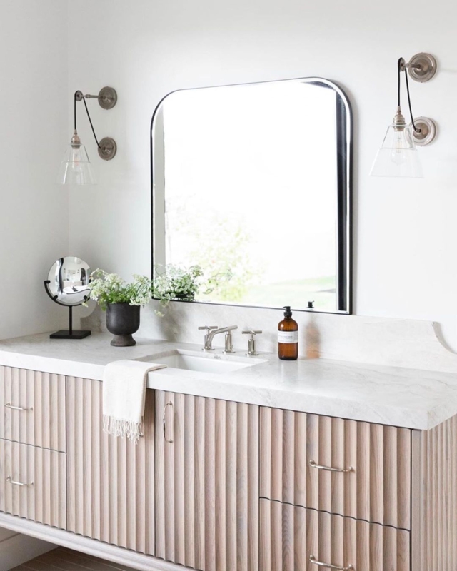 Modern Fluted Wood Vanity Cabinet with Marble Top
