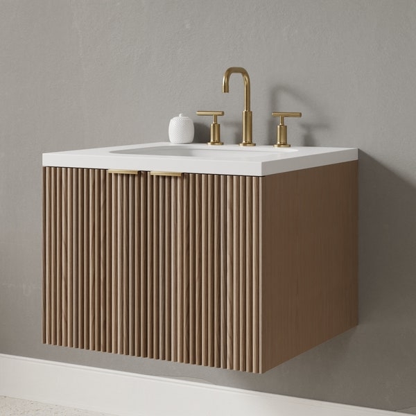 Modern Fluted Wood Vanity with Brass Faucet