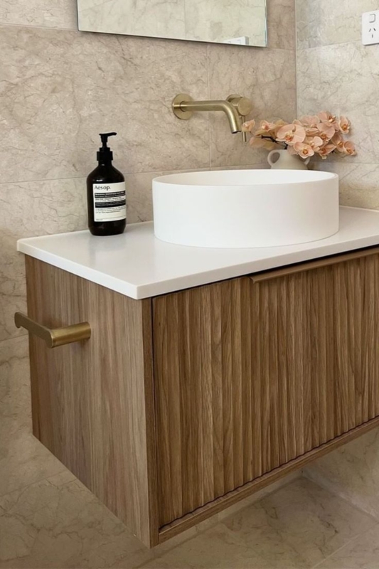 Modern Fluted Wooden Bathroom Vanity with Brass Fixtures
