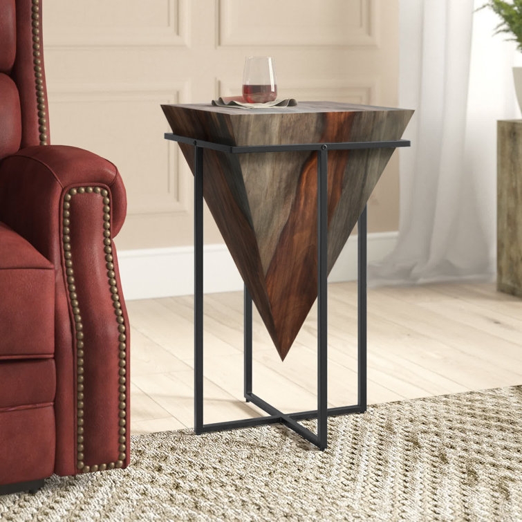 Modern Geometric Solid Wood End Table with Metal Legs
