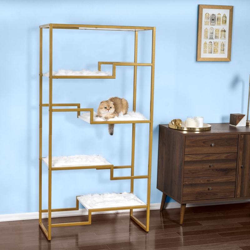 Modern Gold Cat Tree with Plush Shelves
