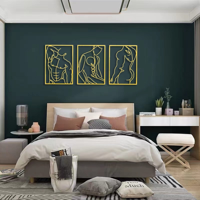 Modern Gold Metal Wall Art Trio in Bedroom