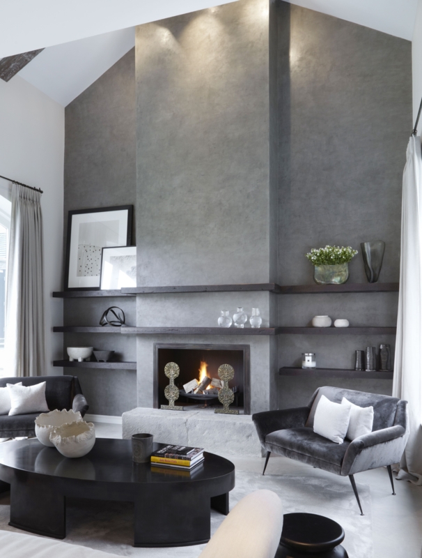 Modern Gray Minimalist Living Room with Fireplace