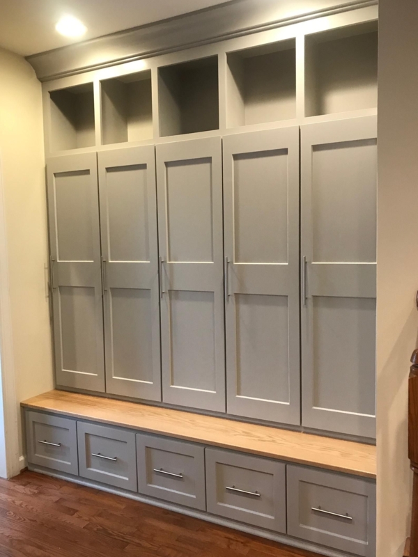 Modern Gray Mudroom Cabinets with Wooden Bench