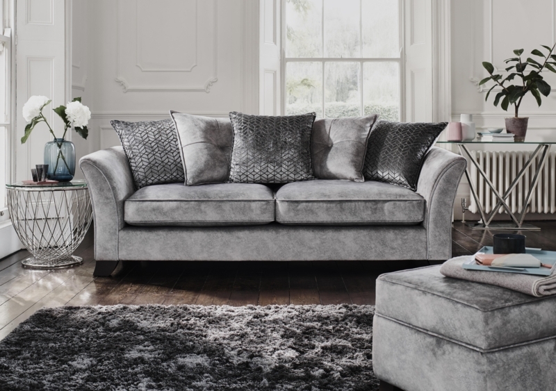 Modern Grey Velvet Sofa with Accent Pillows