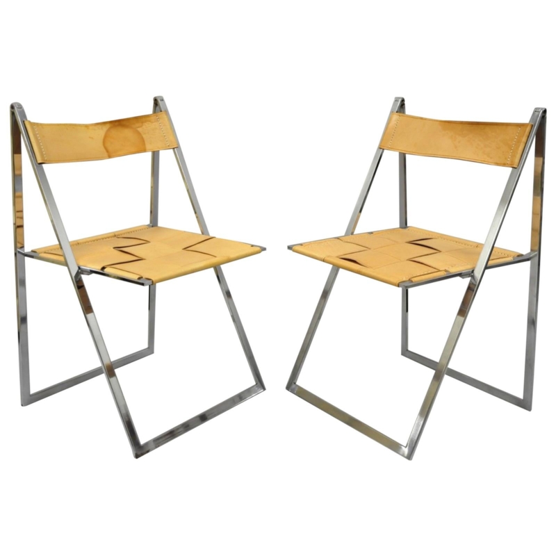 Modern Italian Chrome Folding Chairs with Leather Seats