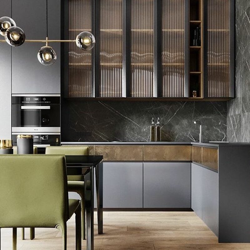 Modern Kitchen with Fluted Glass Cabinet Doors