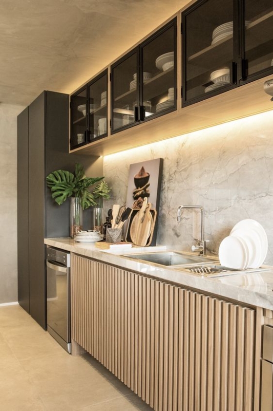 Modern Kitchen with Fluted Wood Cabinet Design