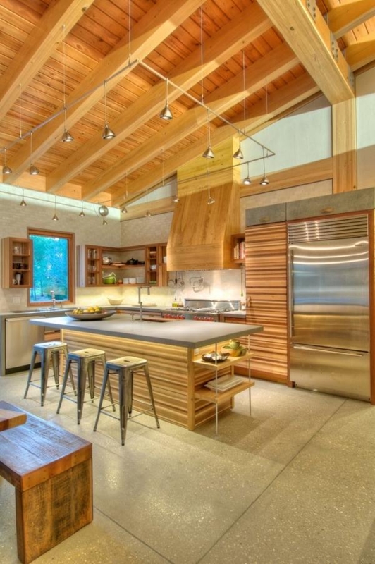 Modern Kitchen with Vaulted Ceiling and Pendant Lighting