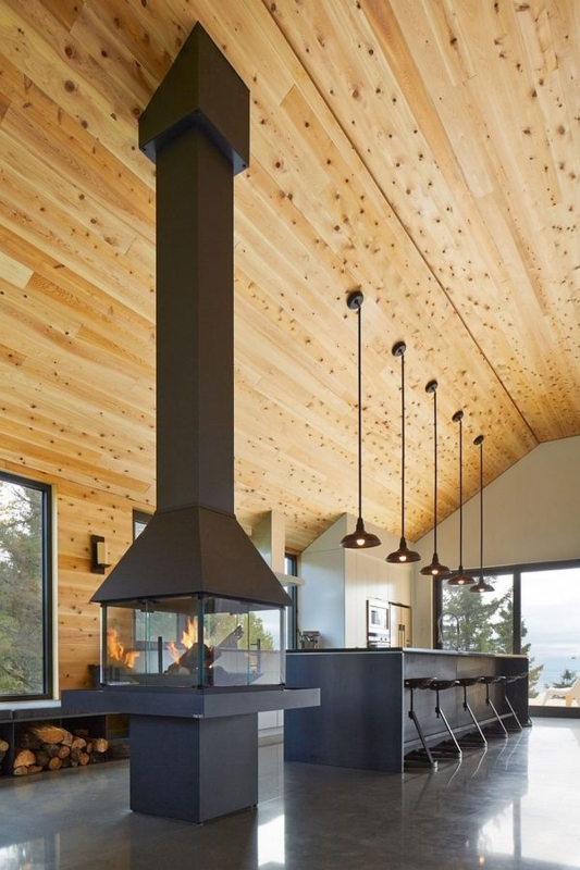 Modern Kitchen with Vaulted Wood Ceiling and Fireplace