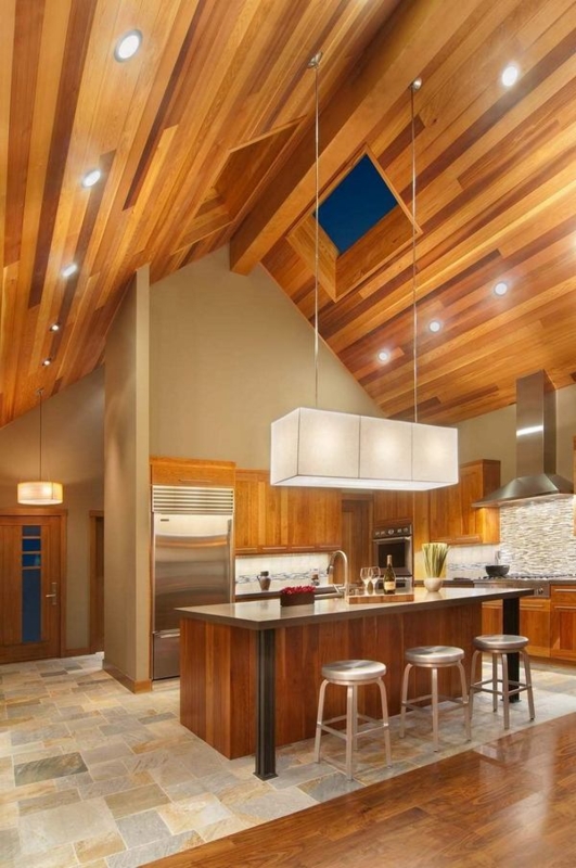 Modern Kitchen with Vaulted Wood Ceiling Lighting