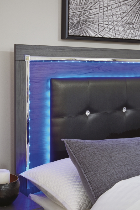 Modern LED Queen Panel Bed with Upholstered Headboard