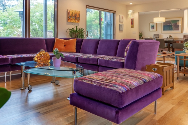 Modern Living Room with Purple Velvet Sectional Sofa
