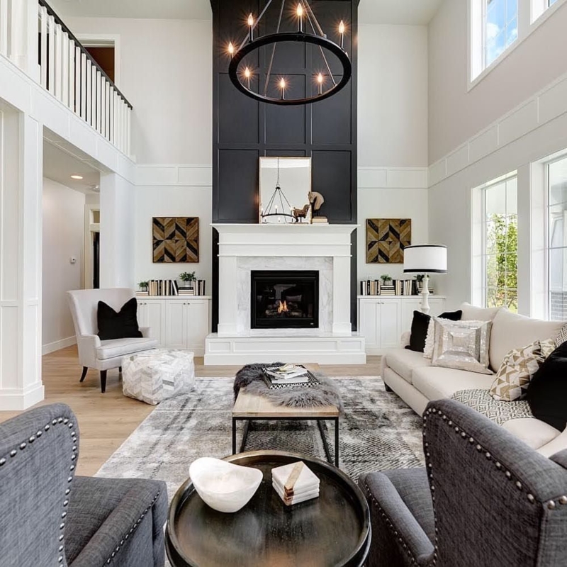 Modern Living Room with Tall Fireplace Mantel