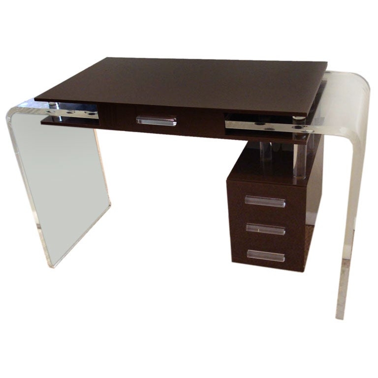Modern Lucite and Wood Office Desk with Drawers