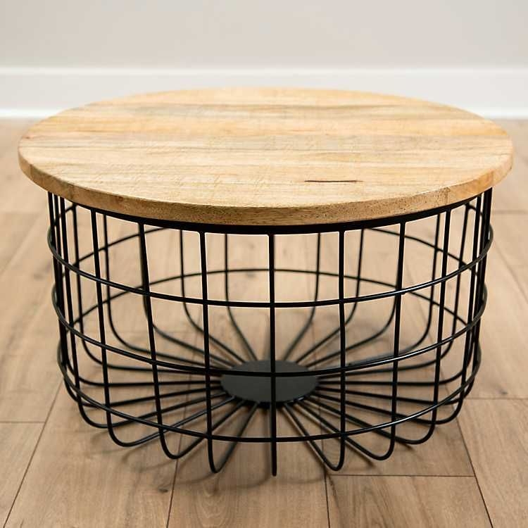 Modern Mango Wood and Black Metal Basket Coffee Table