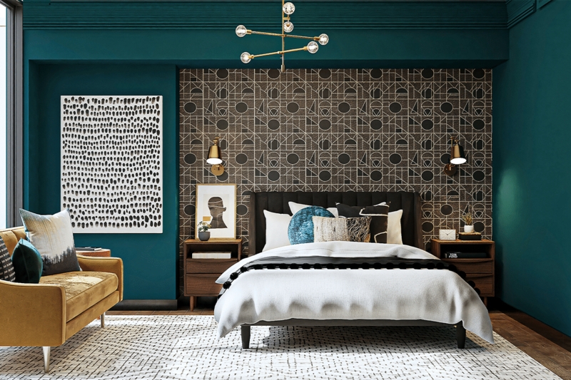 Modern Masculine Bedroom with Geometric Accent Wall