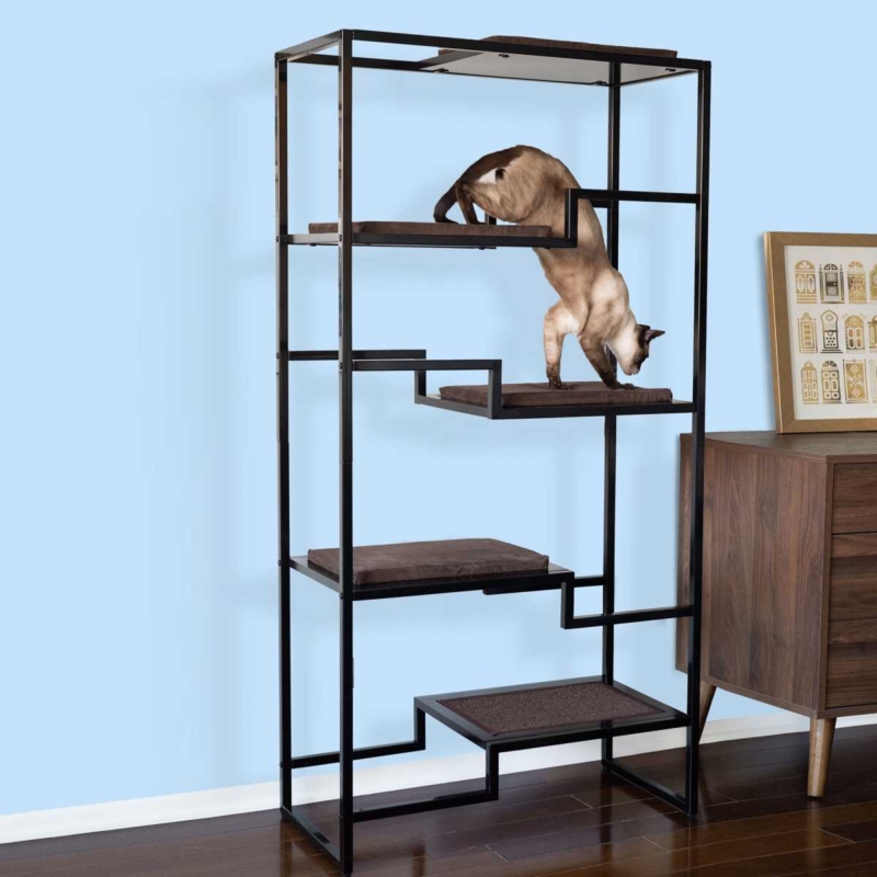 Modern Metal Frame Cat Tree with Cushioned Shelves