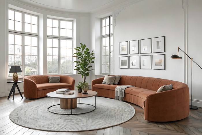 Modern Minimalist Living Room With Curved Terracotta Sofas Photo | JPG ...