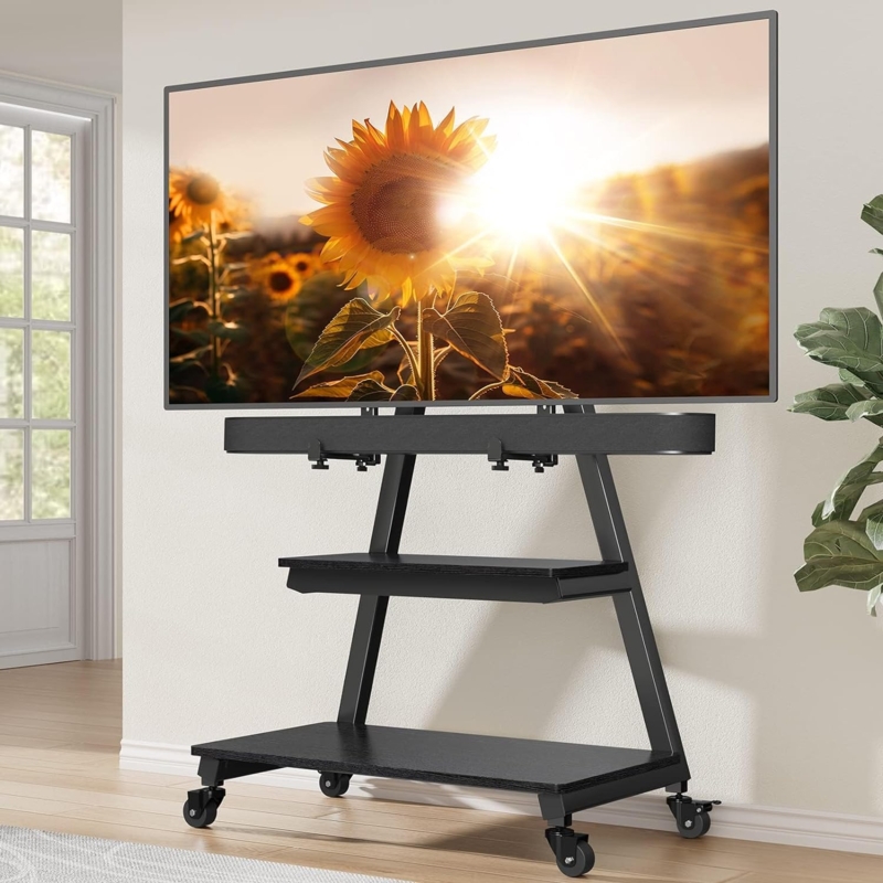 Modern Mobile TV Stand with Soundbar Mount and Wheels