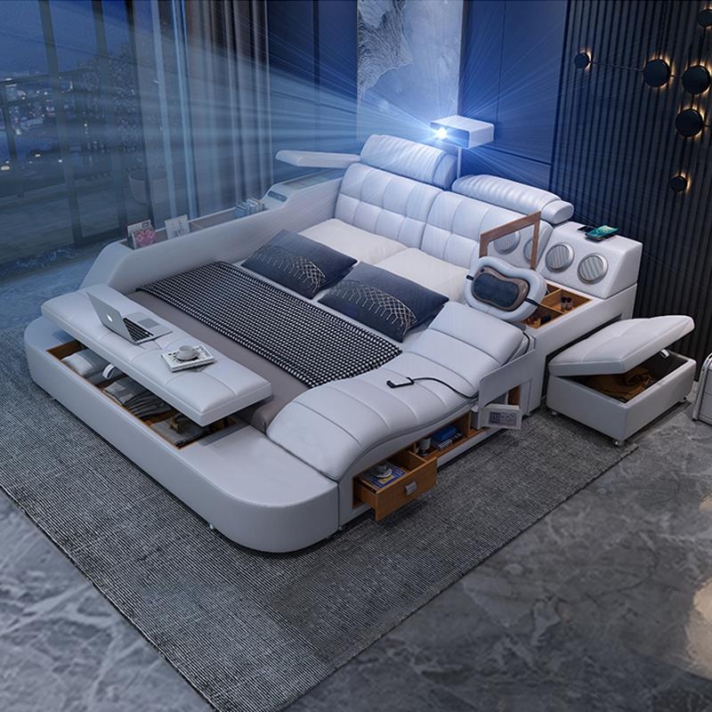 Modern Multi-Functional White Leather Bed with Storage