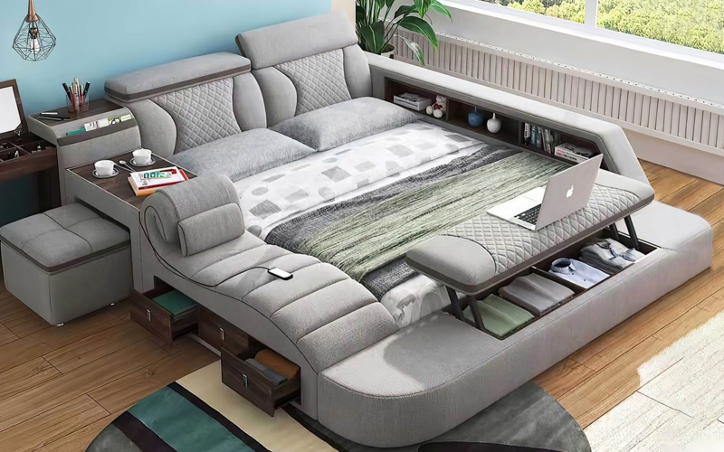 Modern Multifunctional Smart Bed with Storage and Seating