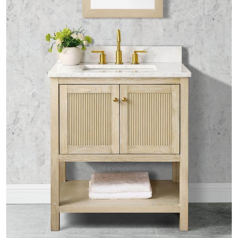 Modern Natural Wood Bathroom Vanity with Gold Fixtures