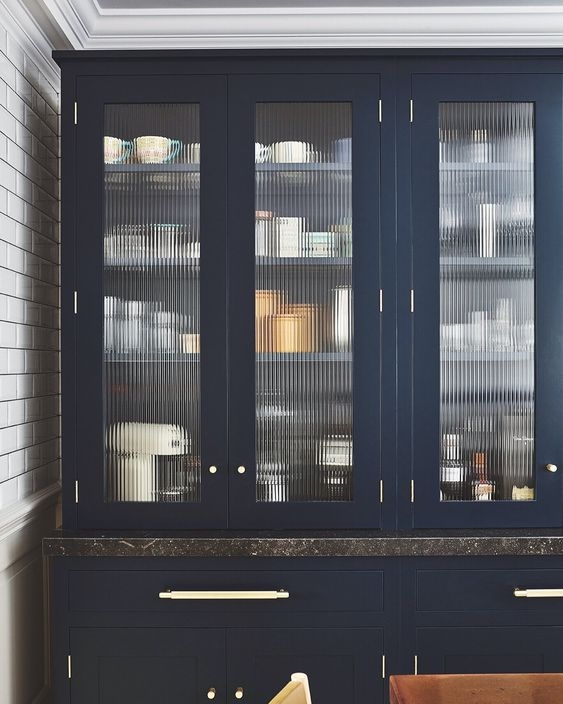 Modern Navy Kitchen Cabinets with Fluted Glass Doors
