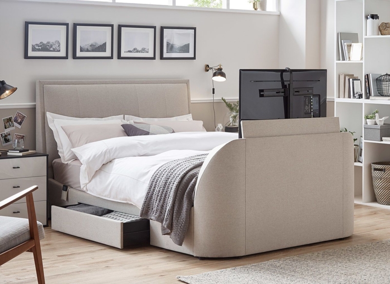 Modern Oatmeal Fabric TV Bed Frame with Storage
