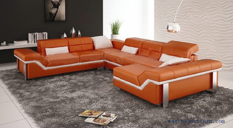 Modern Orange Leather Sectional Sofa in Living Room