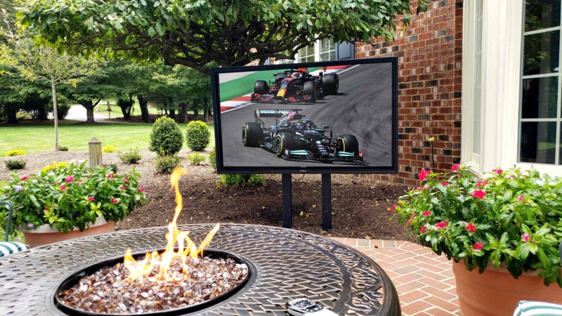 Modern Outdoor TV Stand with Fire Pit Patio Setup