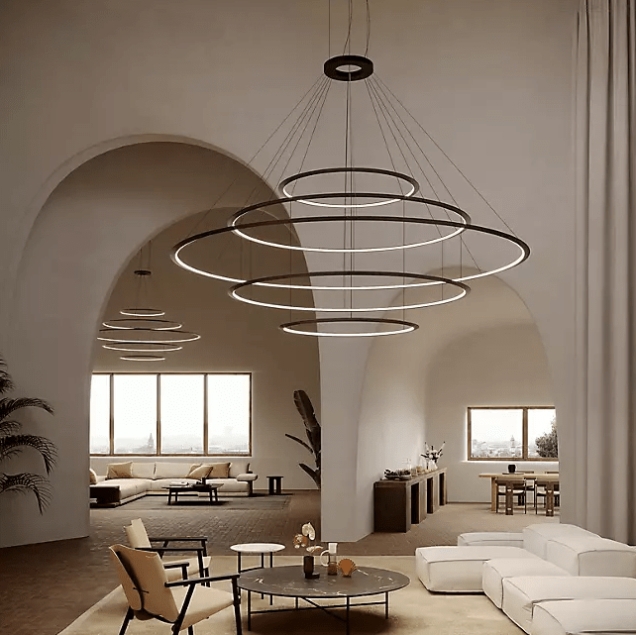 Modern Oversized Circular Ring Chandeliers in Spacious Living Room