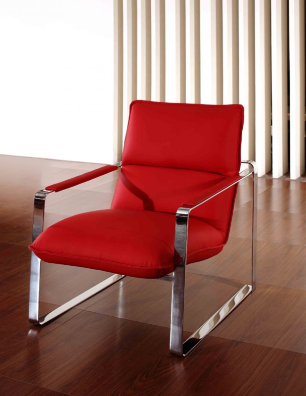 Modern Red Leather Lounge Chair with Chrome Frame