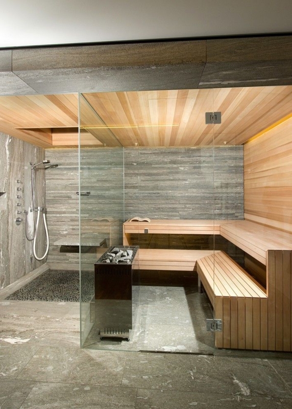 Modern Sauna and Shower Combo with Natural Tile