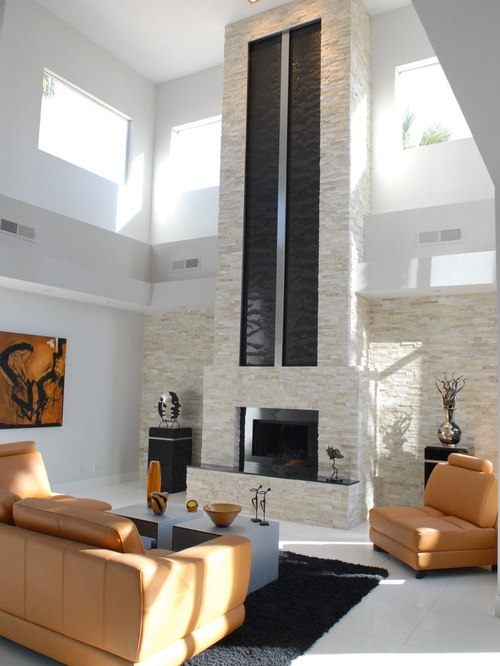 Modern Tall Stone Fireplace in Spacious Living Room