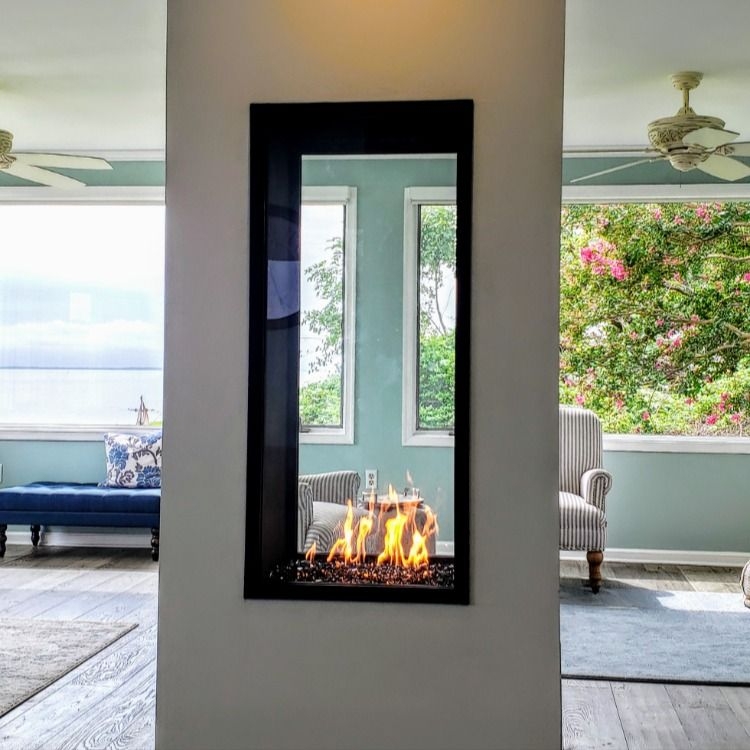 Modern Tall Vertical Fireplace with Glass Panel