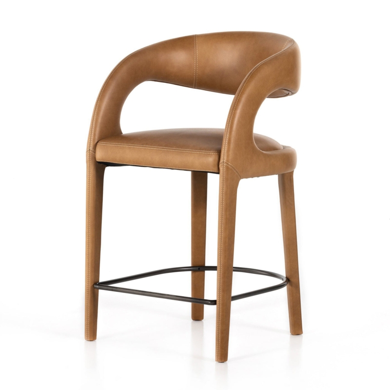 Modern Tan Leather Bar Stool with Metal Footrest