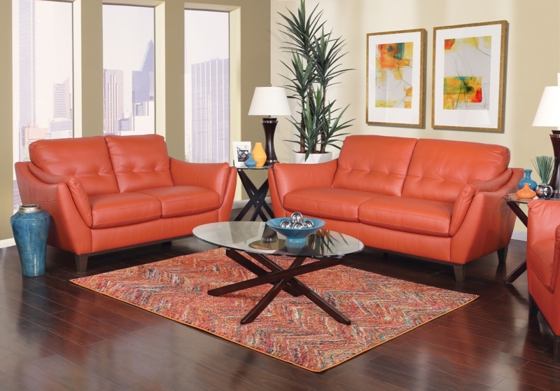 Modern Terracotta Leather Sofas in Cozy Living Room